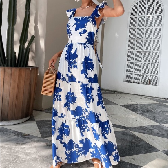 Boho blue white butterfly sleeve ruffle hem floral print tie back dress - Picture 3 of 10